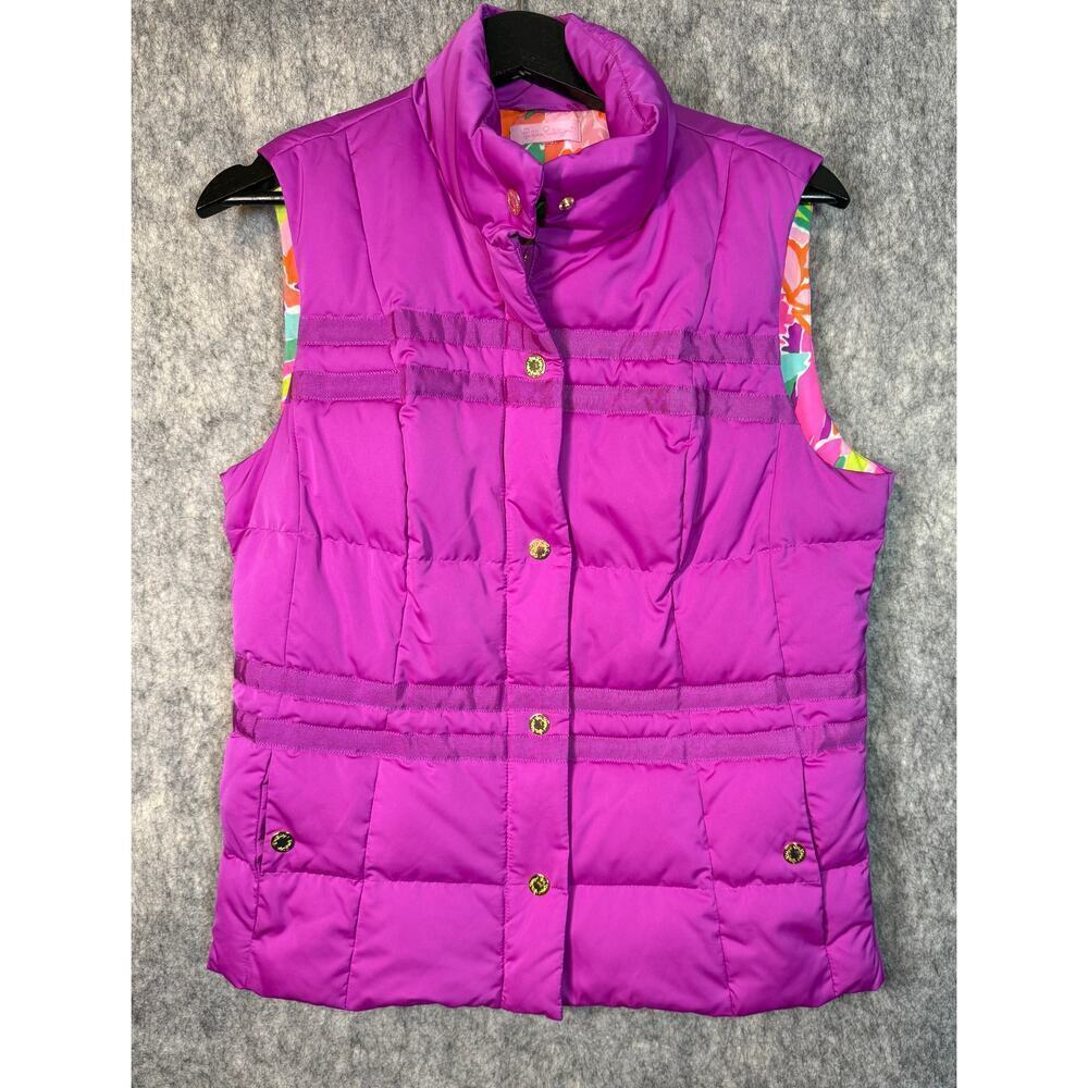 Lilly Pulitzer Kate Purple Gold Puffer Vest Floral Lining - Small Style 73540